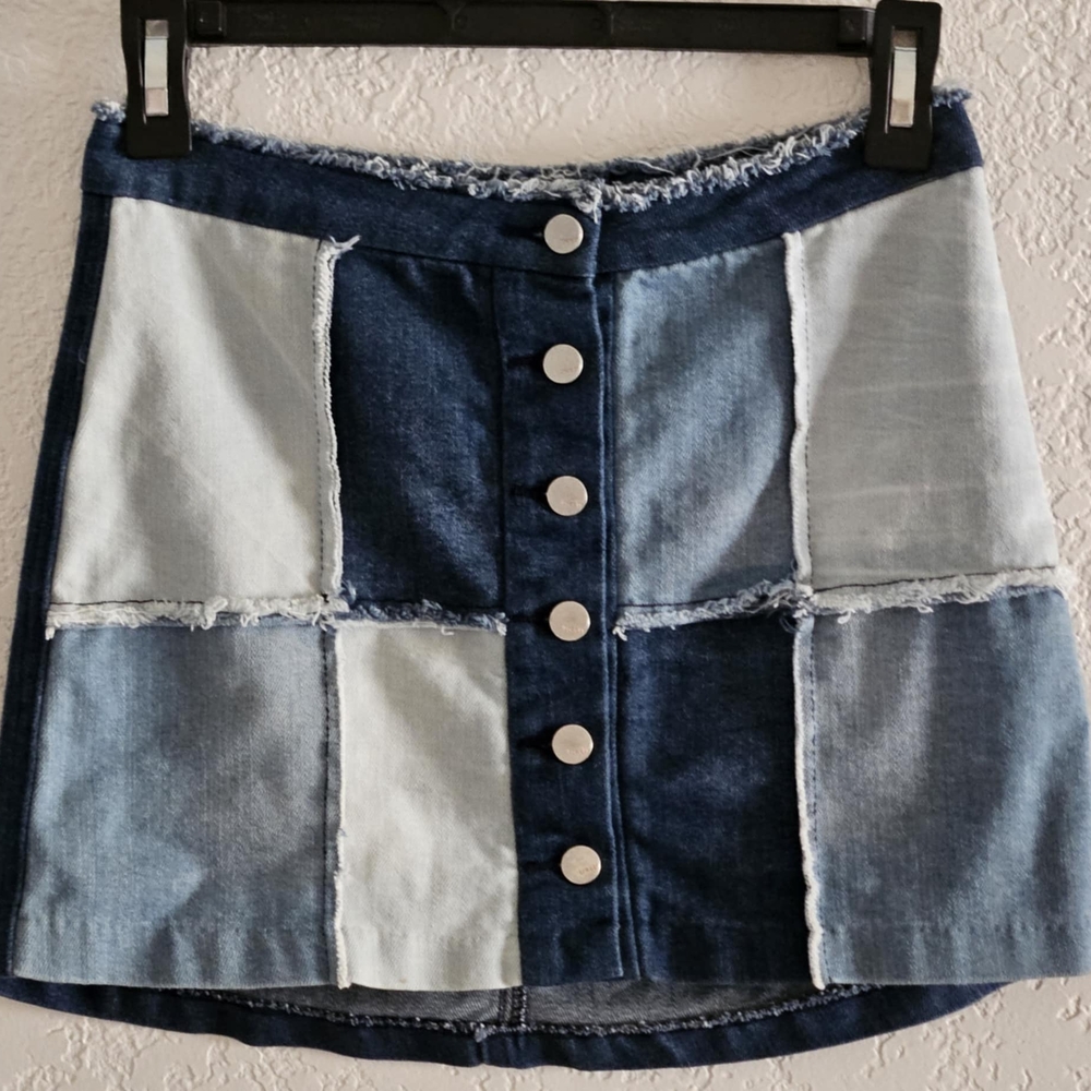 Denim Patchwork Button-Front Skirt